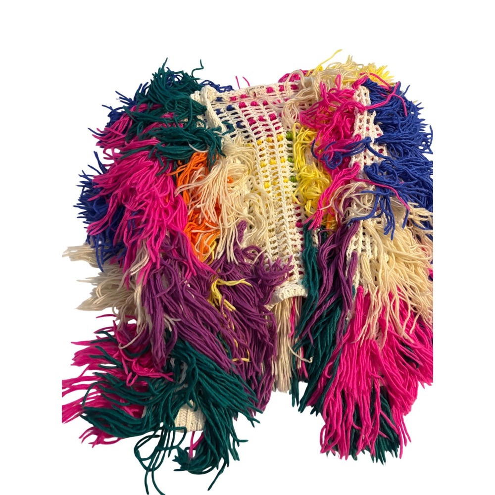 Love Sense Cardigan Shaggy Fringe Rainbow Multicolor Crochet Open Front S/M